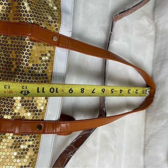 J Francis gold sequins with white and tan faux leather trims tote/shoulder bag. - Picture 6 of 10